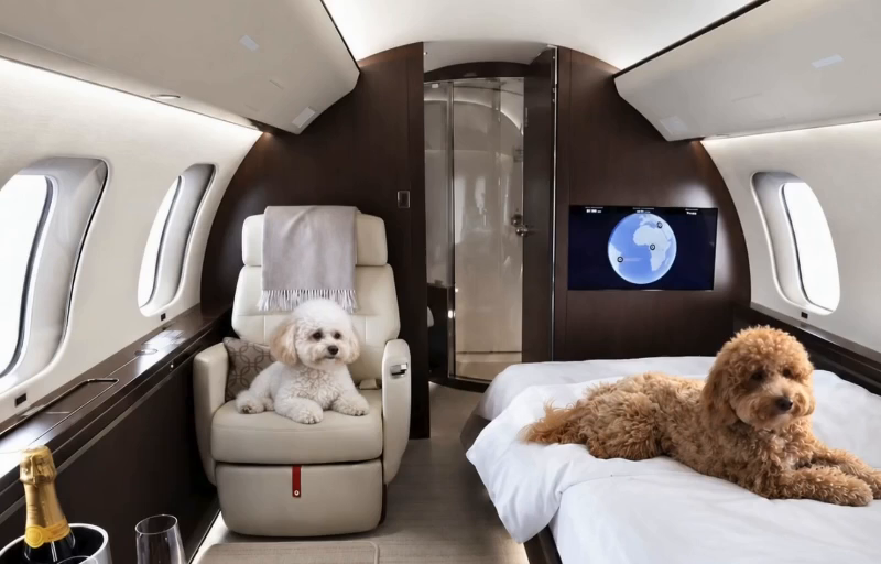 Cassandra’s brown dog on the cabin bed and white dog on the chair